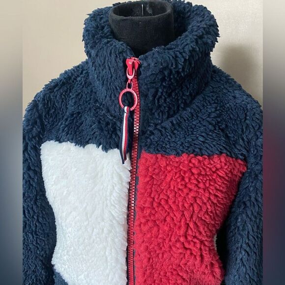 TOMMY HILFIGER Women's Sherpa Jacket Color block logo full-zip teddy bear XS EUC - Picture 3 of 16